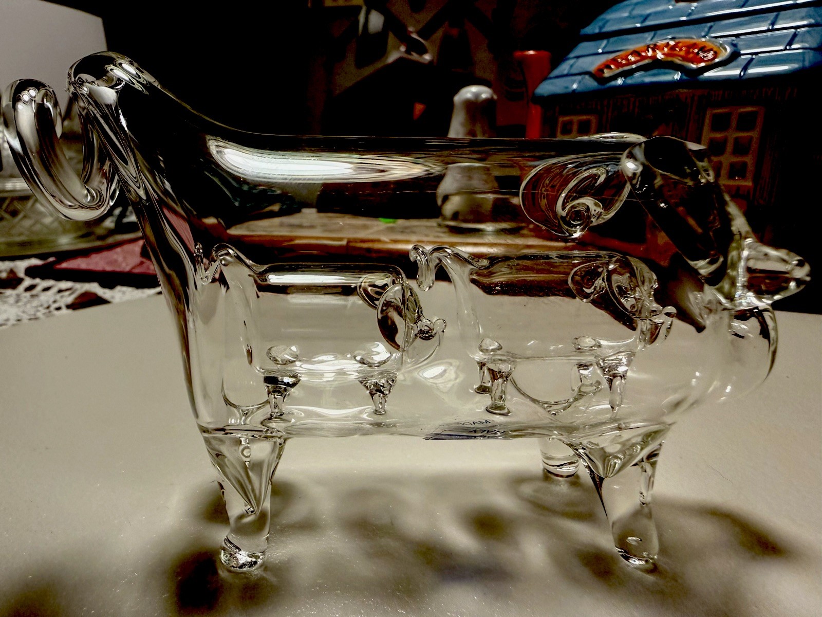 1970s Hand-blown clear glass sculpture titled “Pig in Pig in Pig”