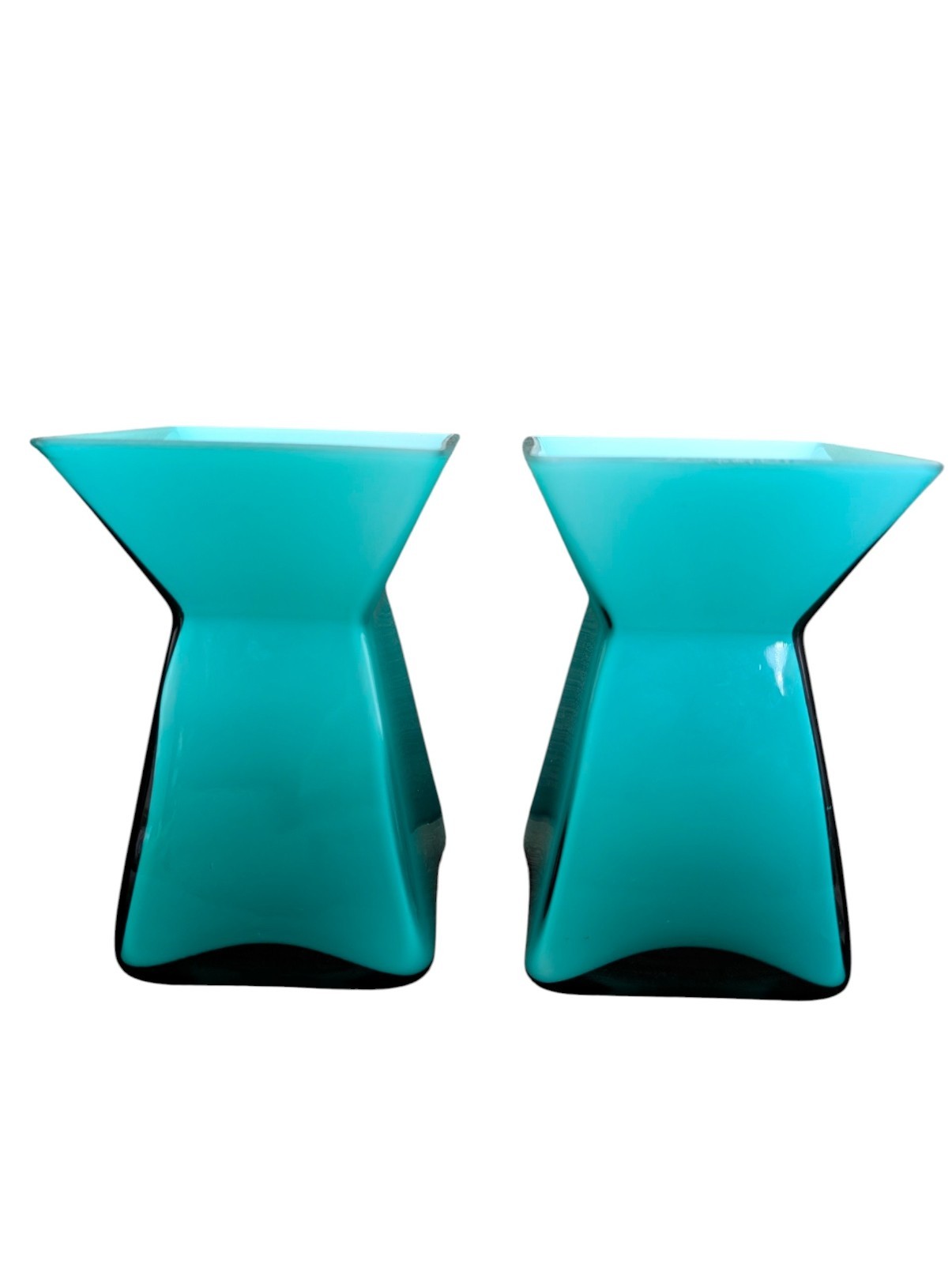 Modern Turquoise Art Glass Vase Set 2 Geometric Sculptural Frosted Glass