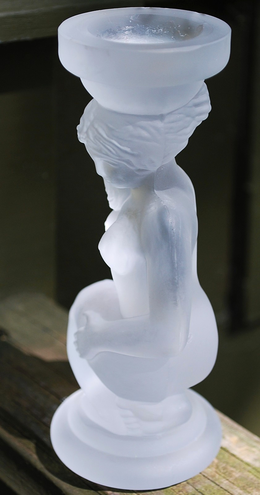 Vtg ART DECO Candlestick Holder SEATED NUDE WOMAN Frosted Glass LALIQUE TYPE