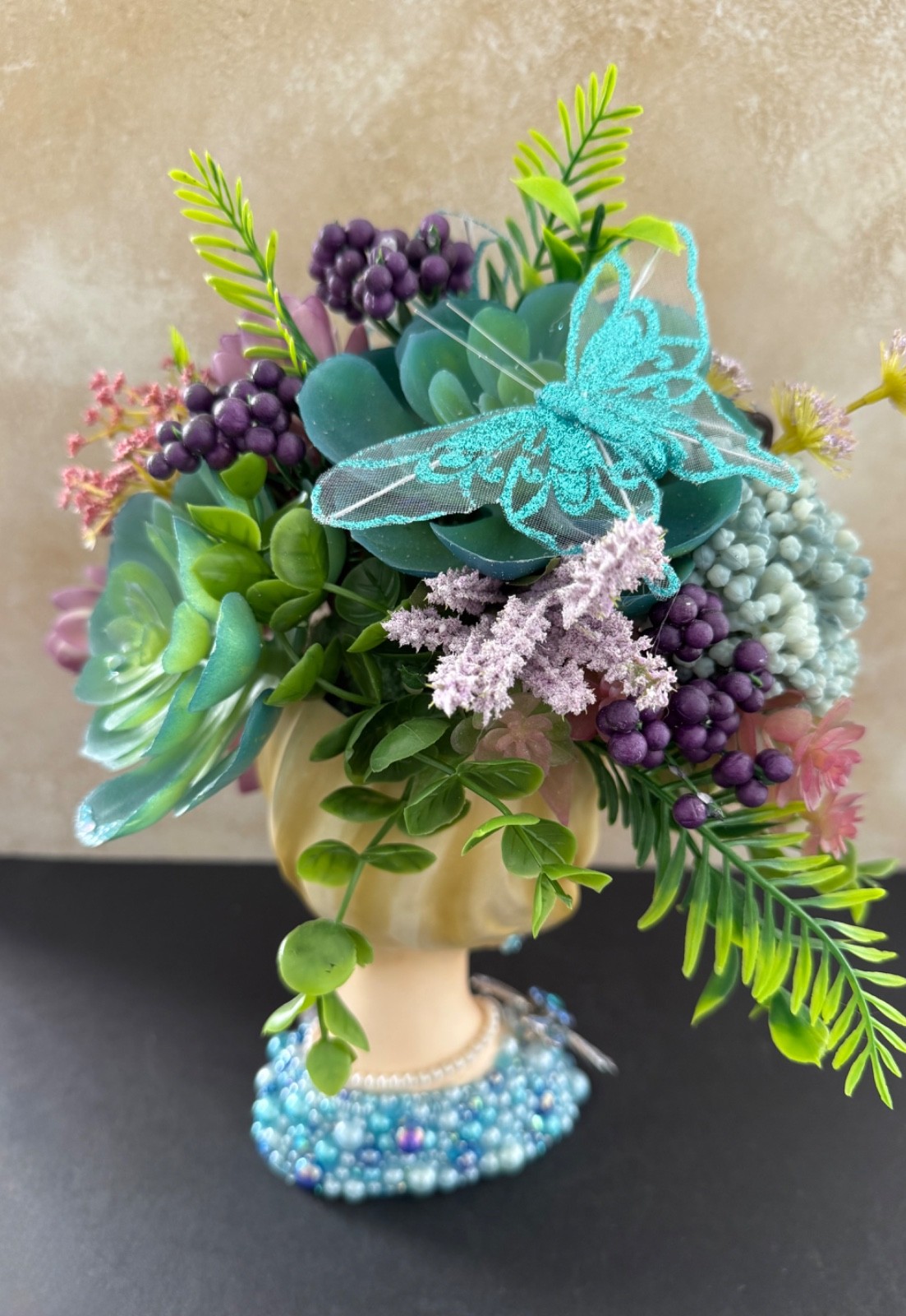 VINTAGE LADY HEAD VASE INARCO OOAK REIMAGINED “BLUE BUBBLES” OUTSTANDING 12”