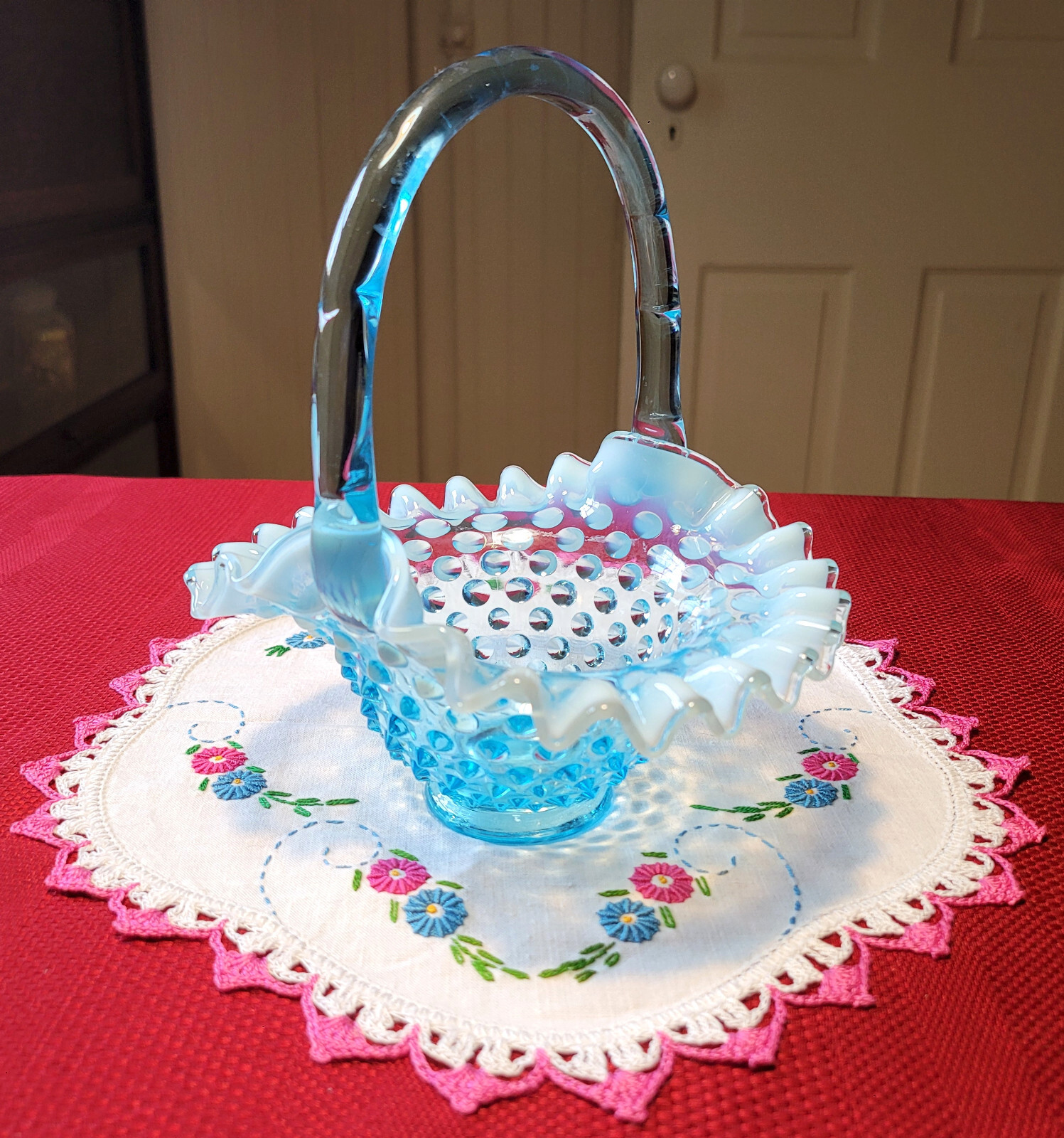 Vintage FENTON No. 3837 *BLUE OPALESCENT HOBNAIL* Glass BASKET 1940-55 1959 1978