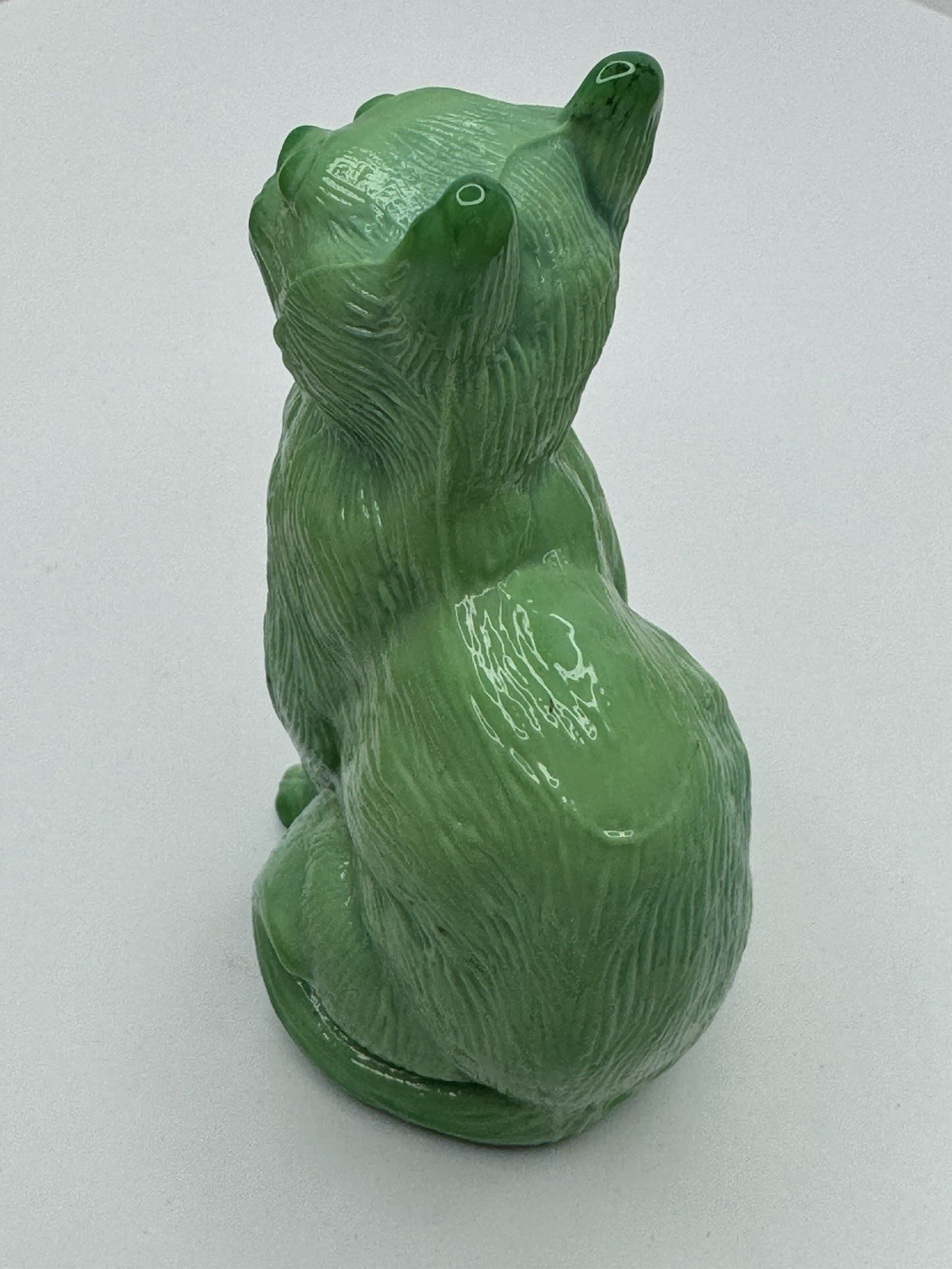 Mosser Glass Sitting Cat Figurine Opaque Jadite Grass Green Blue Slag Glossy