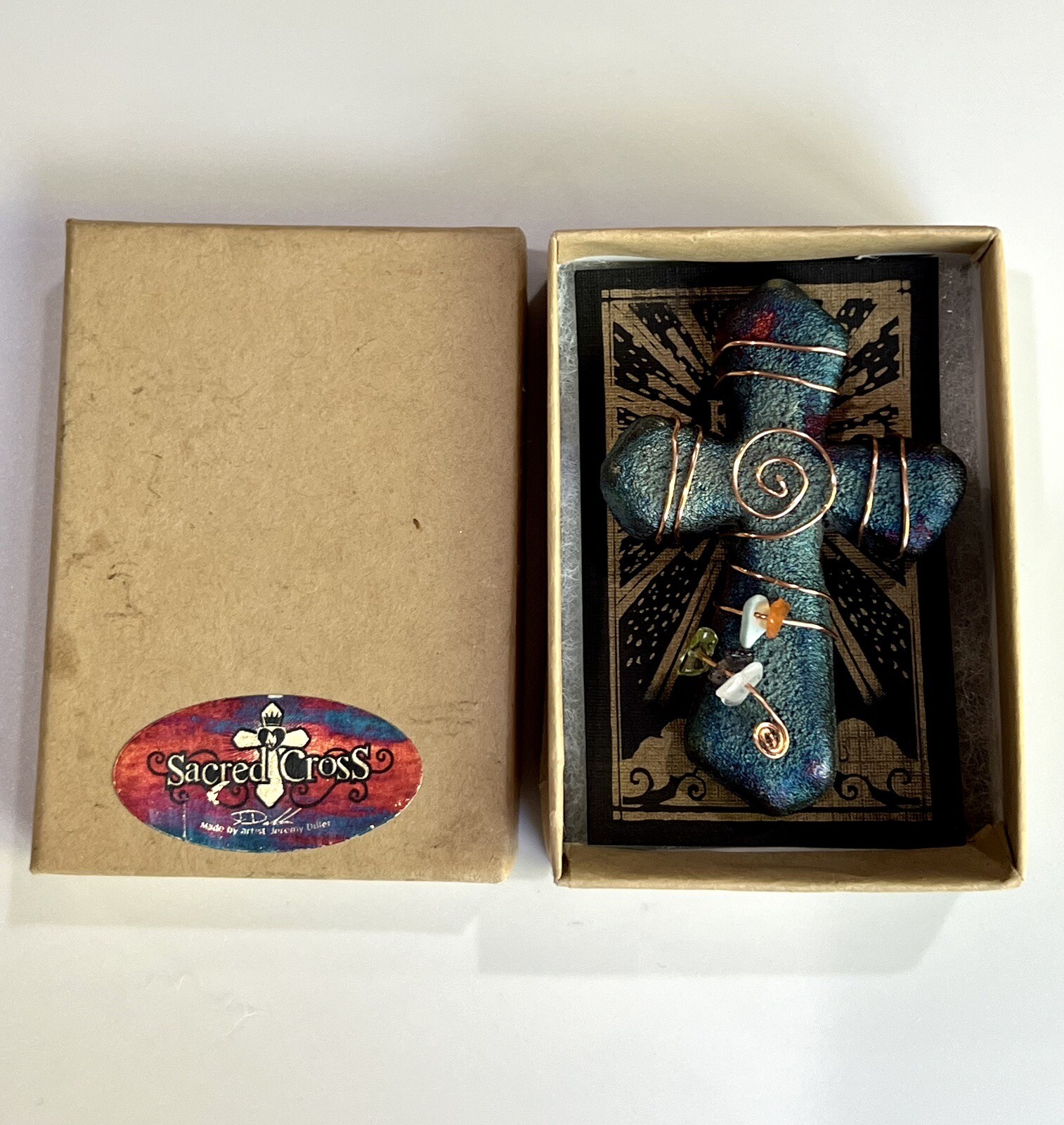 Mini RAKU Sacred Cross Christian Cross Handmade Pottery Copper Wires Beads NEW