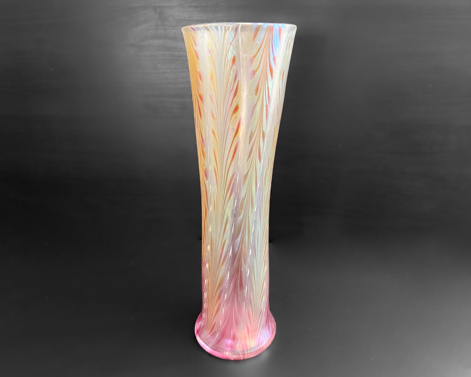 Joseph Morel Zellique 13″ Orange Pink Iridescent Pulled Feather Art Glass Vase