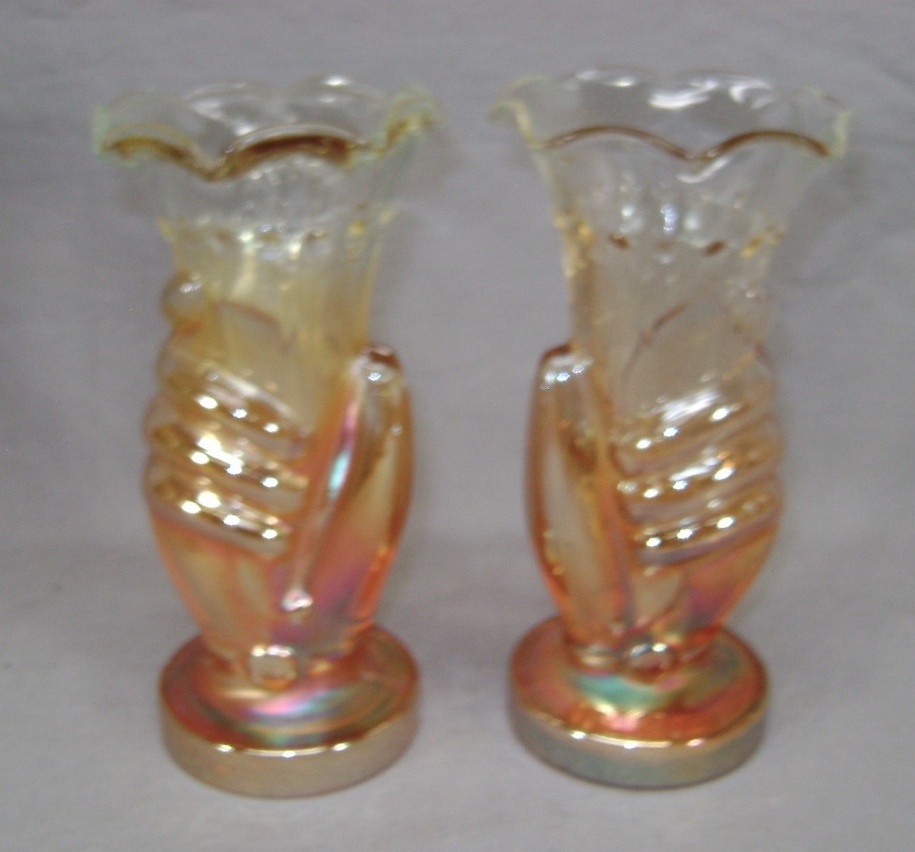 Beautiful PAIR Antique Jain Carnival Glass Left And Right Hand Vases – 5 1/4″