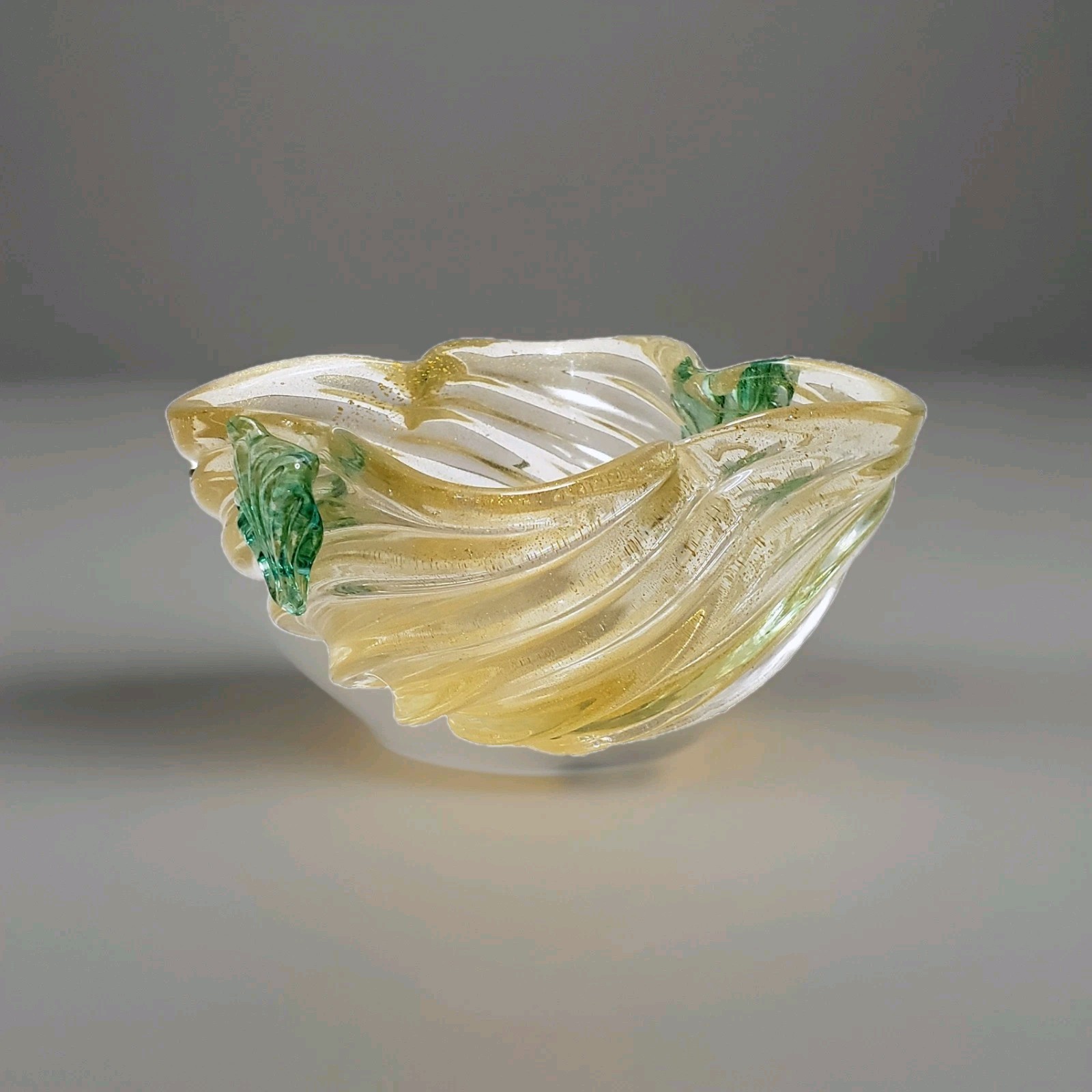 Vintage Murano Barovier Toso Gold Poliveri & Green Leaves Vase Bowl Italy