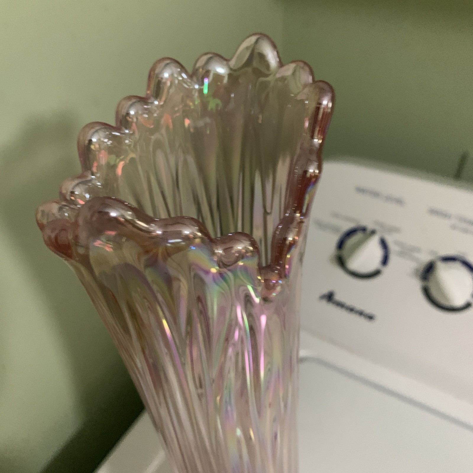 L E Smith Quintec Swung Vase Pink Iridescent Glass 16.25 Inches 16 Fingers