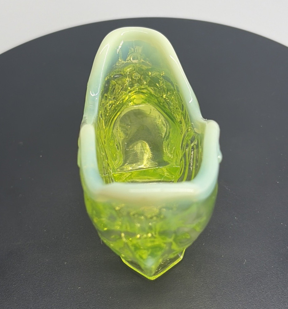 Mosser Opalescent Vaseline Uranium Rose Slipper Shoe Figurine 6″ UV Glow Vintage