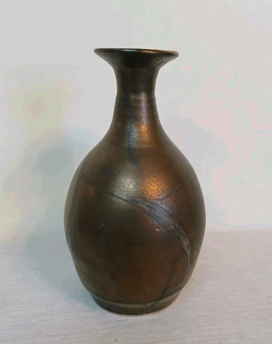 Vintage Signed Studio Pottery Bud Vase Sake Dark Metallic Glaze Hand Thrown