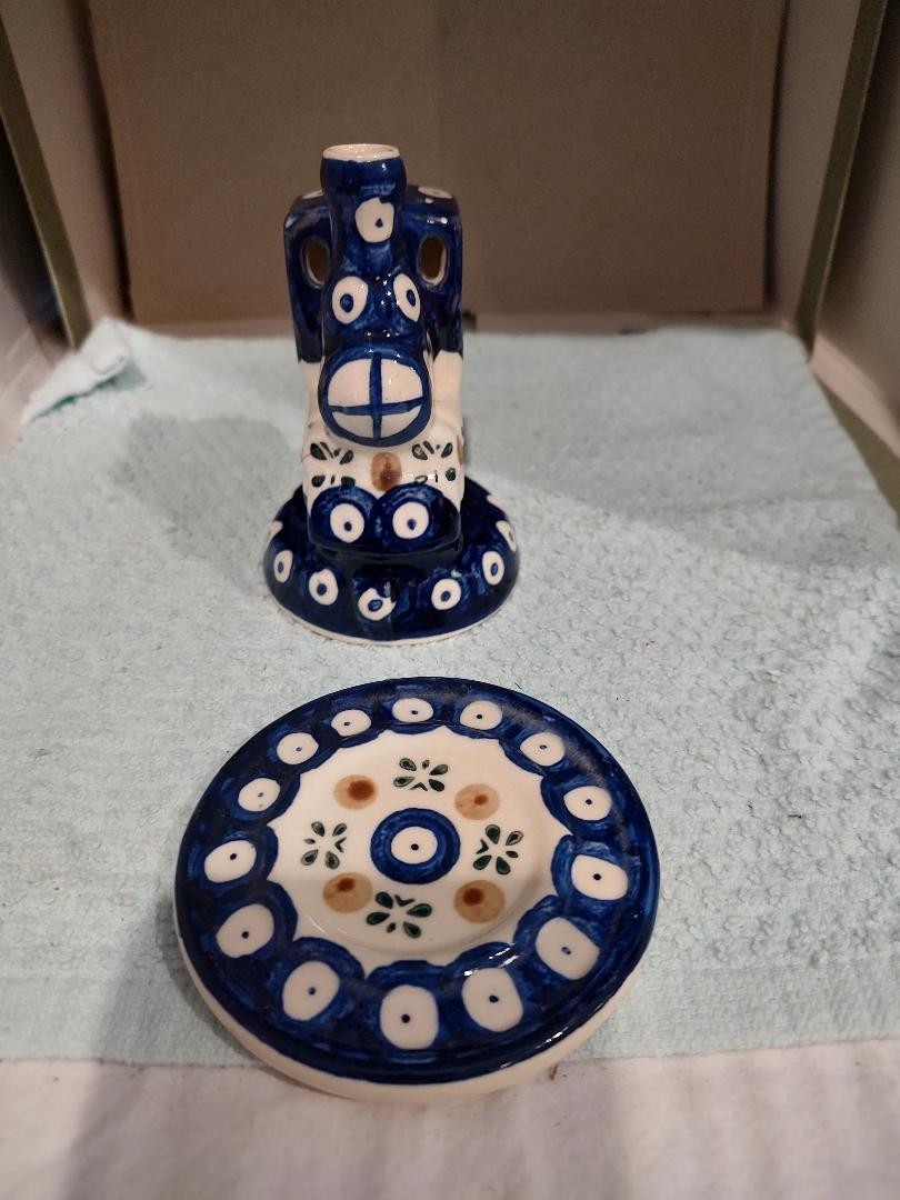 Dana Jakubowski Boleslawiec Train Polish Pottery locomotive Tea Light w Base