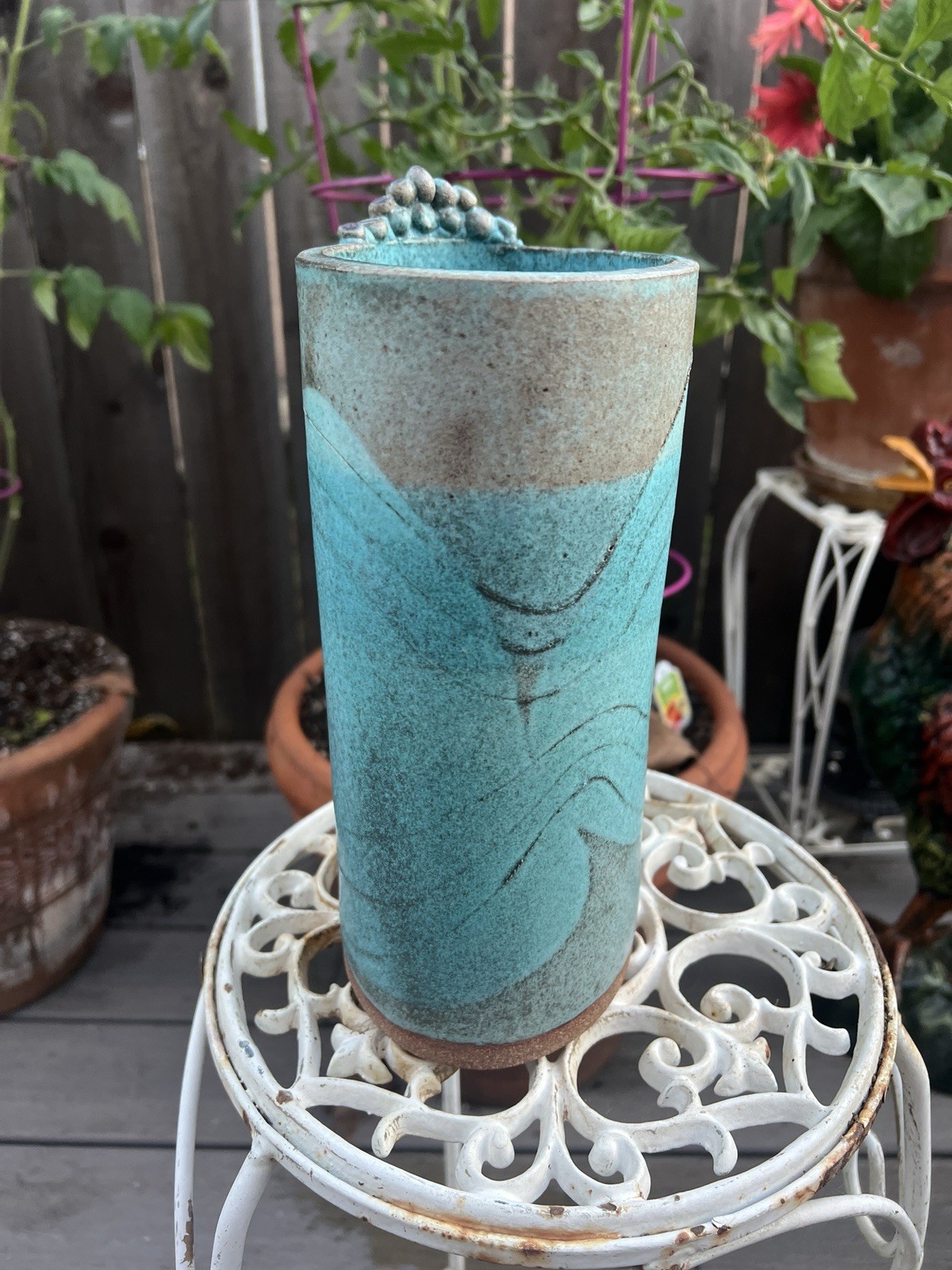 Artist Signed Zeltzer RAKU Style Studio Art Pottery 9.5” X 5.5” Teal And Grey