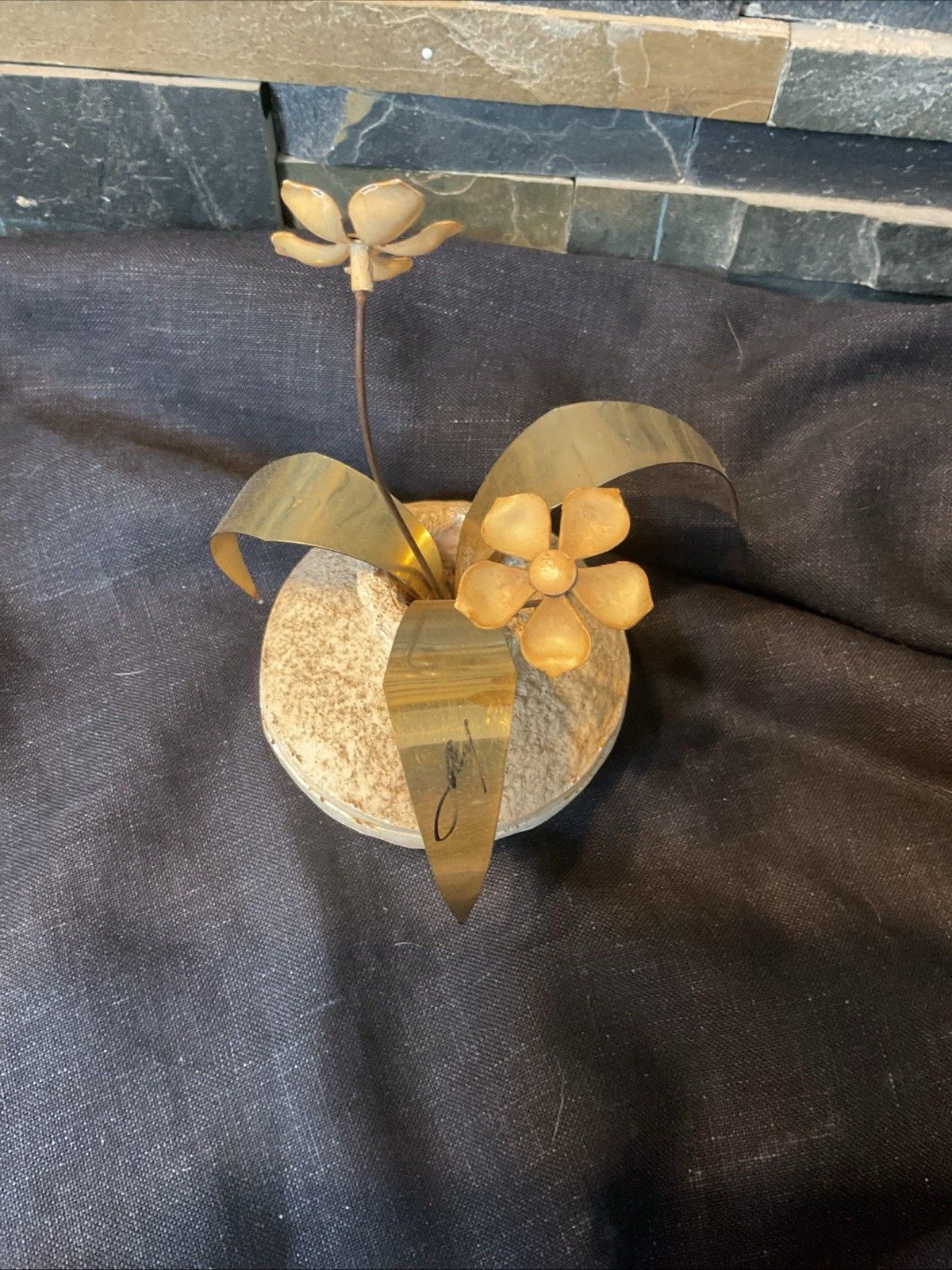 vintage MCM Pottery vase & Metal Flowers Sculpture Signed
