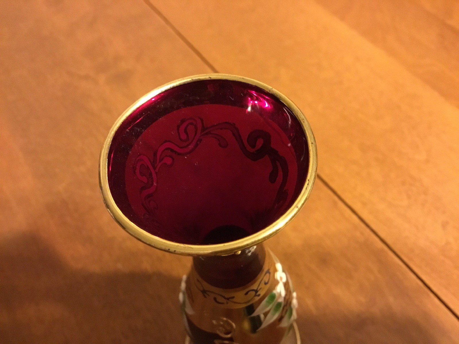 Vintage Ruby Red & Gold Hurricane Style Glass Painted Flowers Vase 6.75” Tall
