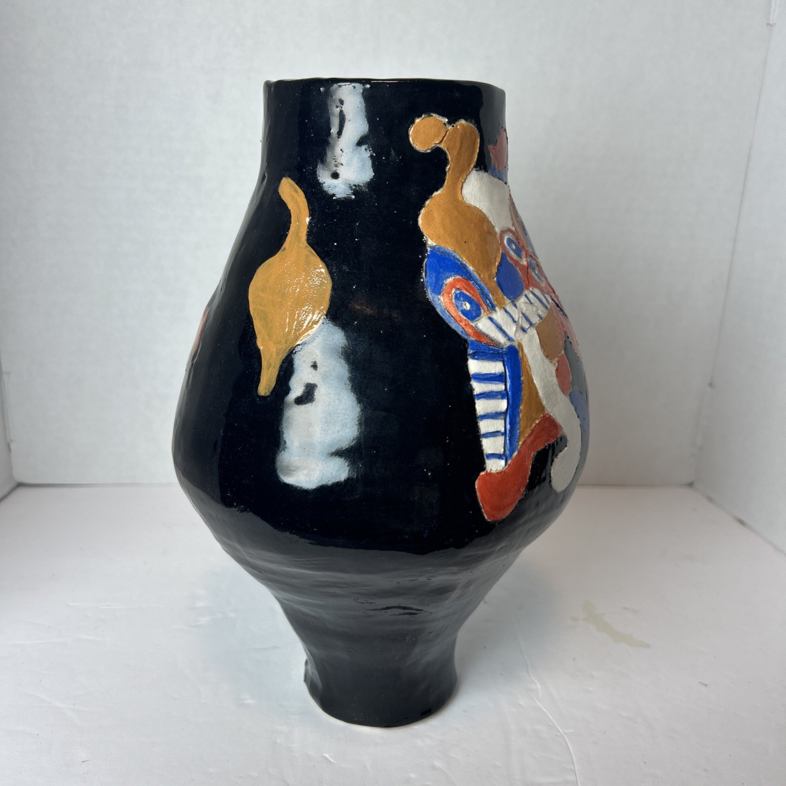 MCM Studio Art Pottery Handmade Vase Vessel Black Bold Colors Abstract Ceramic