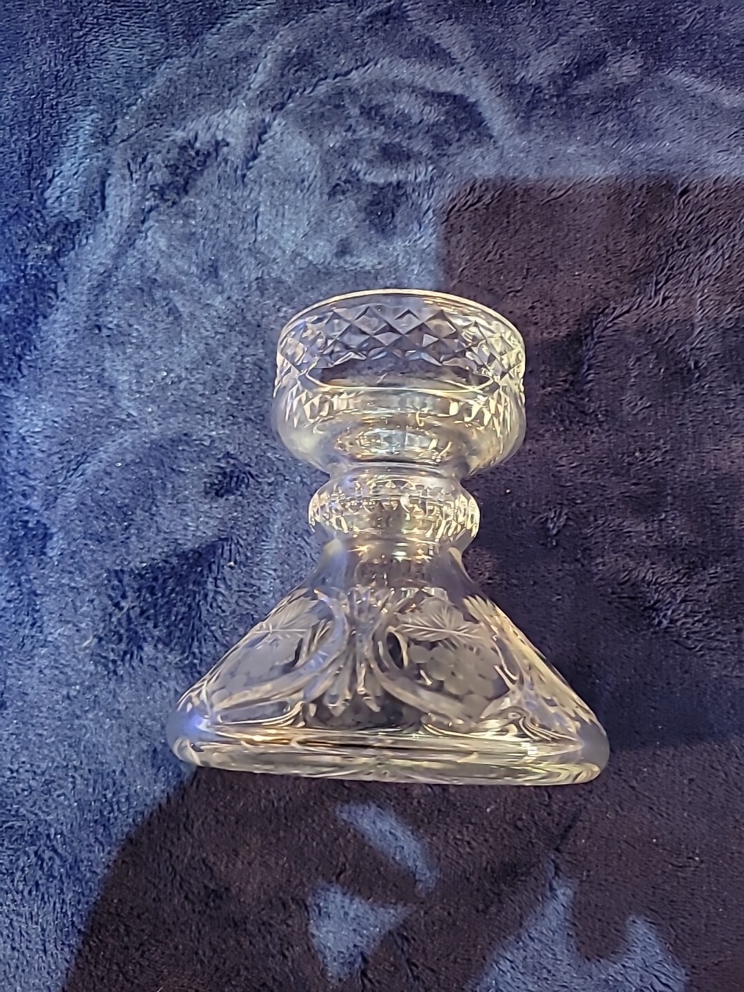 Lead Cut Crystal Unity Pillar Candle Holder Unknown Pattern Berries Grapes 4.5″