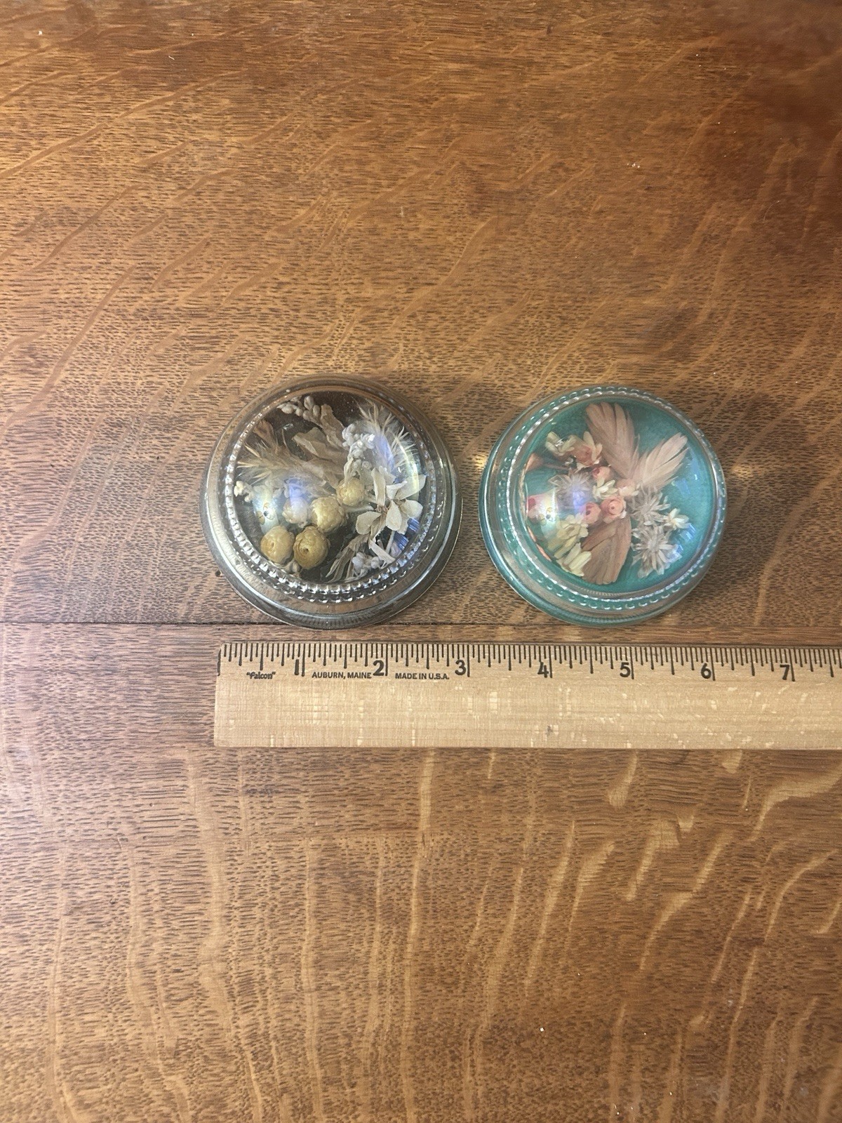 Two Vintage Domed Glass Mid 20th Century Paperweights Dried Florals Ex. Con