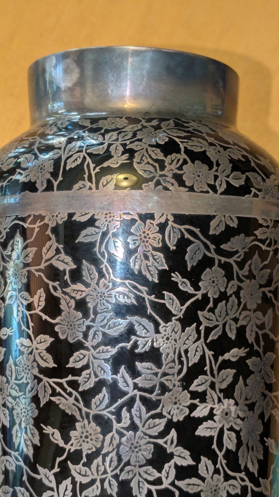 Japanese Shibata Black & Silver Floral Pattern Metal Decorative Vase Vintage