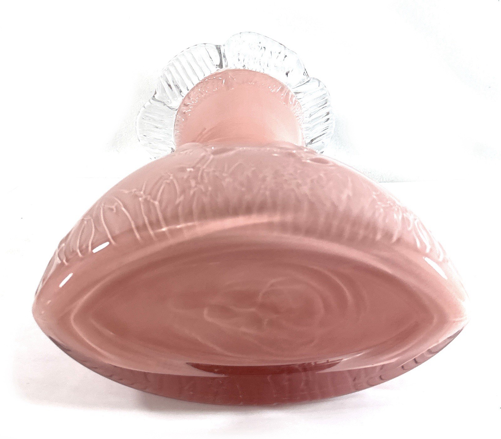 Vintage Pink Satin Glass Vase Embossed Floral Clear Ruffled Rim 7.5” Art Glass