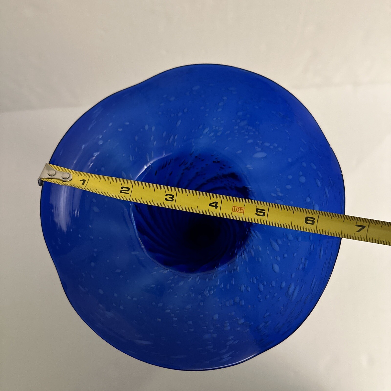 Handcrafted Cobalt Blue Blown Glass Swirl Lily Vase With Clear Base & Bubbles