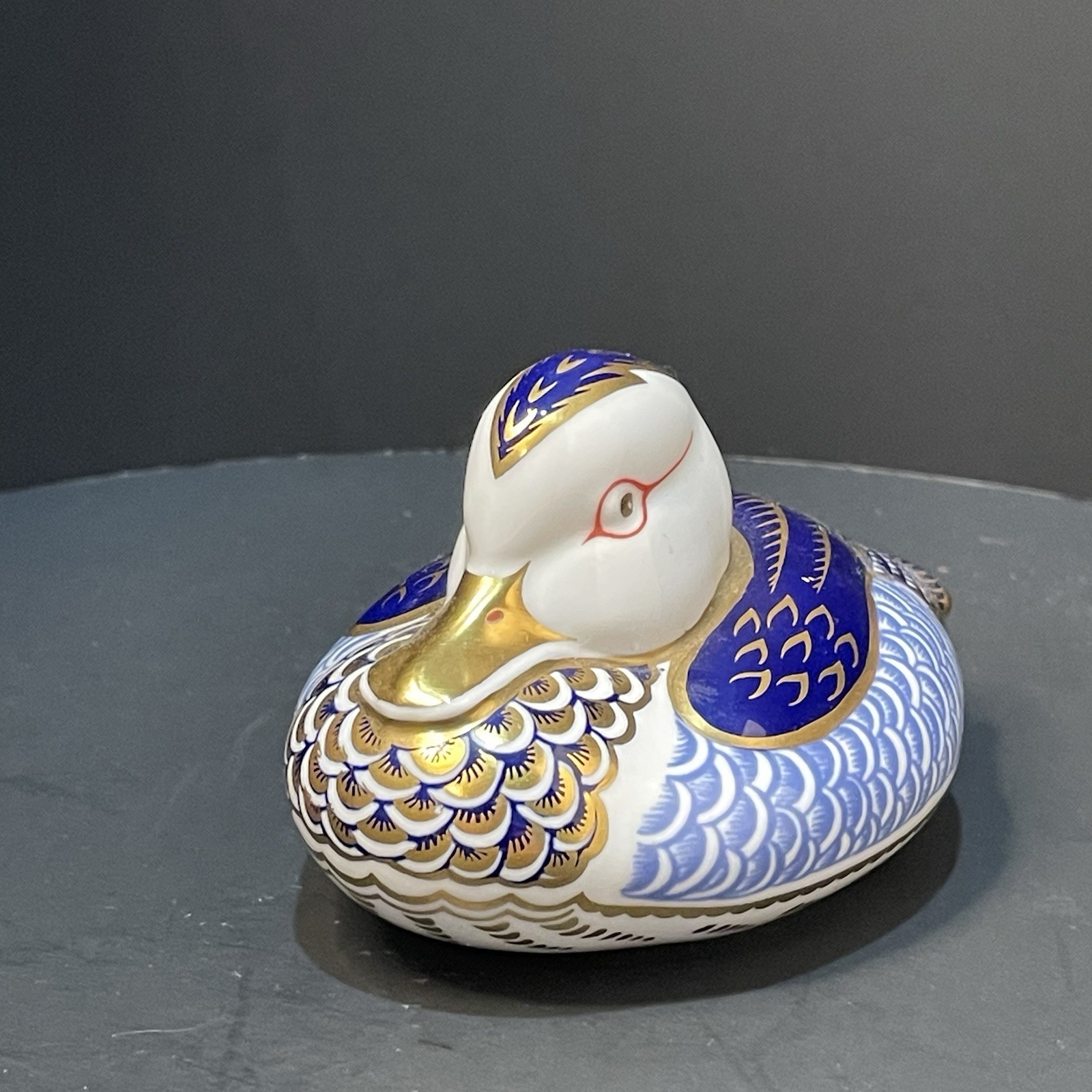 Royal Crown Derby Duck Paperweight Gold White Blue EXQUISITE