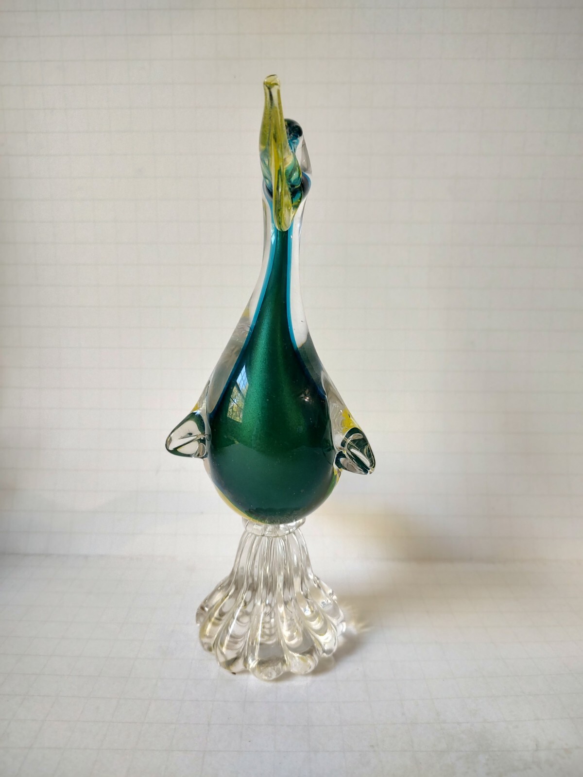 Vintage art glass bird pelican blue yellow 9″