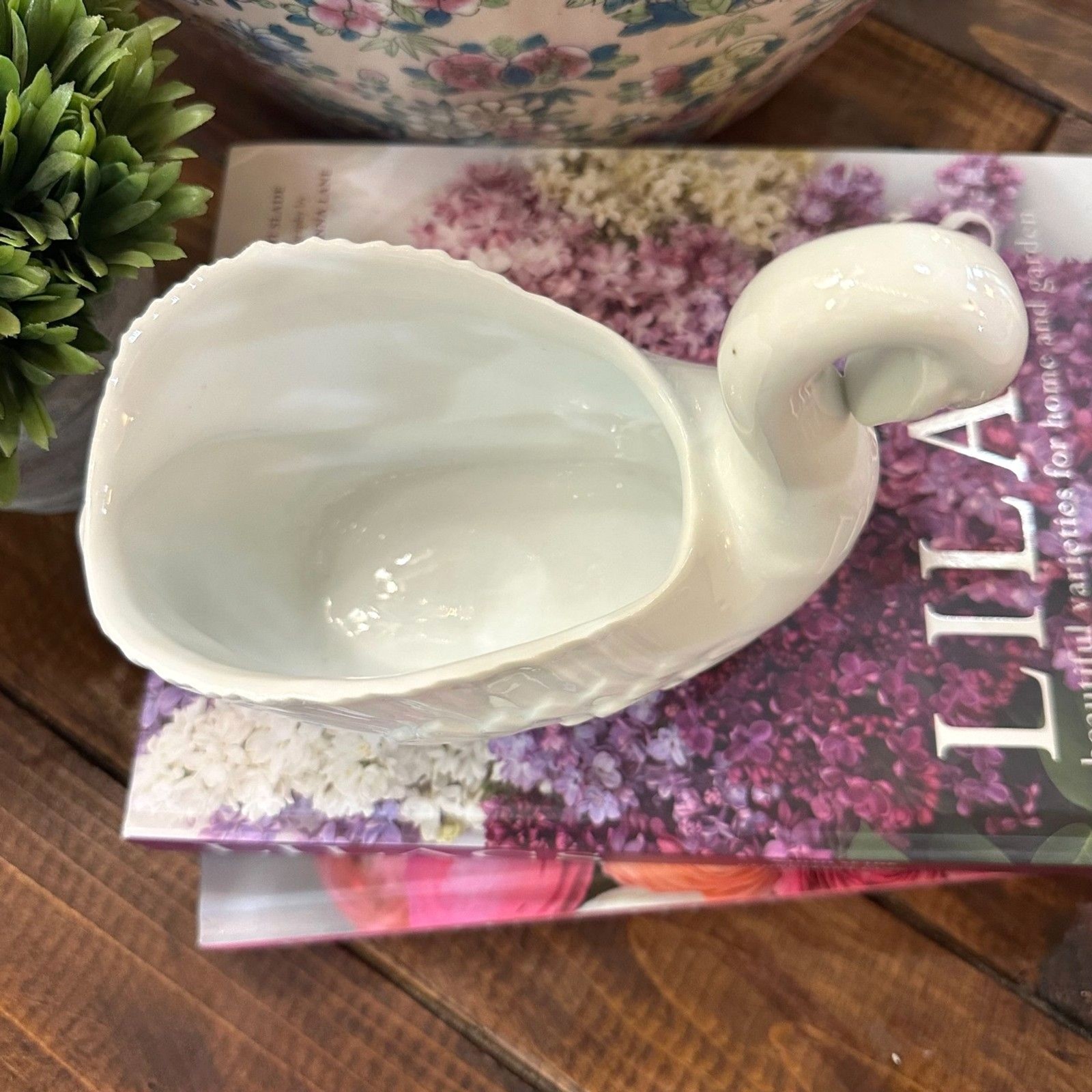 Vintage White Porcelain Swan Planter, Cottage Decor Accent Vase Bowl