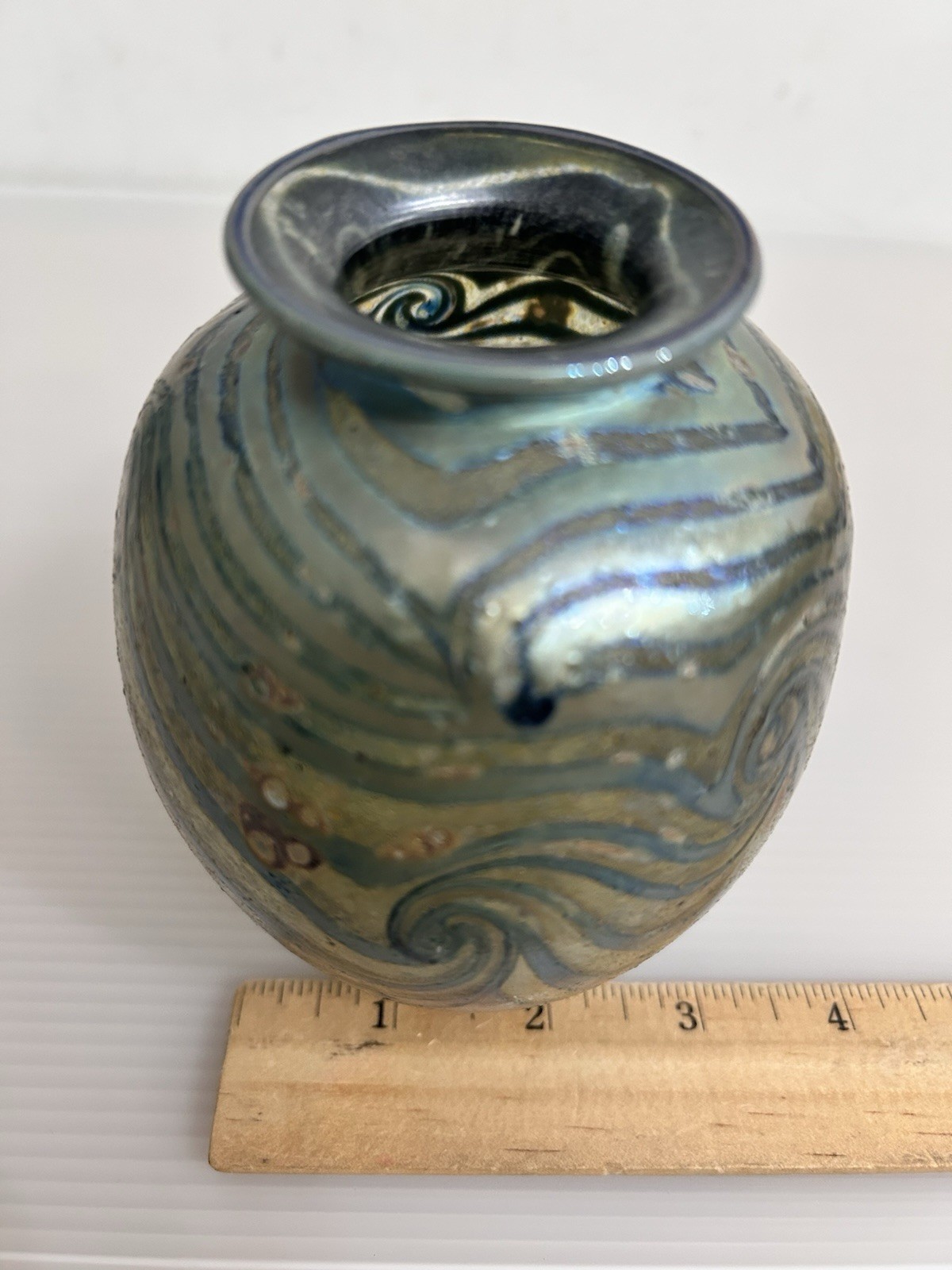 CHARLES LOTTON 1990 Sign Art Glass Vase Swirl Wave Water Iridescent *READ AS IS*