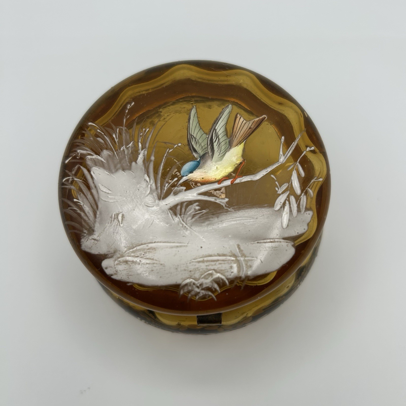 Antique Bohemian Enamel Glass Trinket Box Hinged Hand Painted Bird Motif c1900
