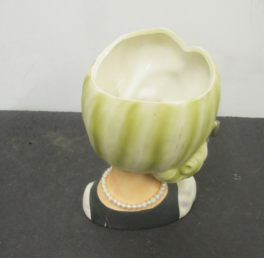 2031 RELPO 5 1/2 IN blonde BLACK DRESS AND BOWS head vase FOIL LABEL RELPO
