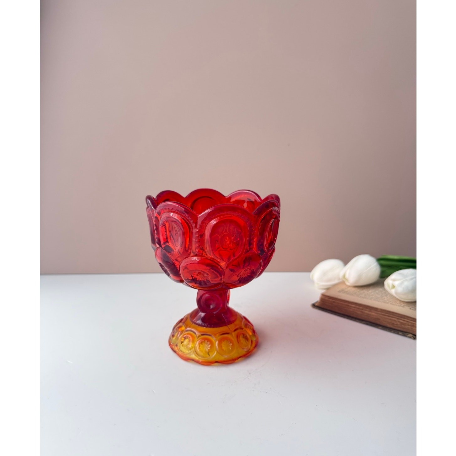Vintage LE Smith Amberina Moon & Stars Footed Scalloped Compote Candy Dish