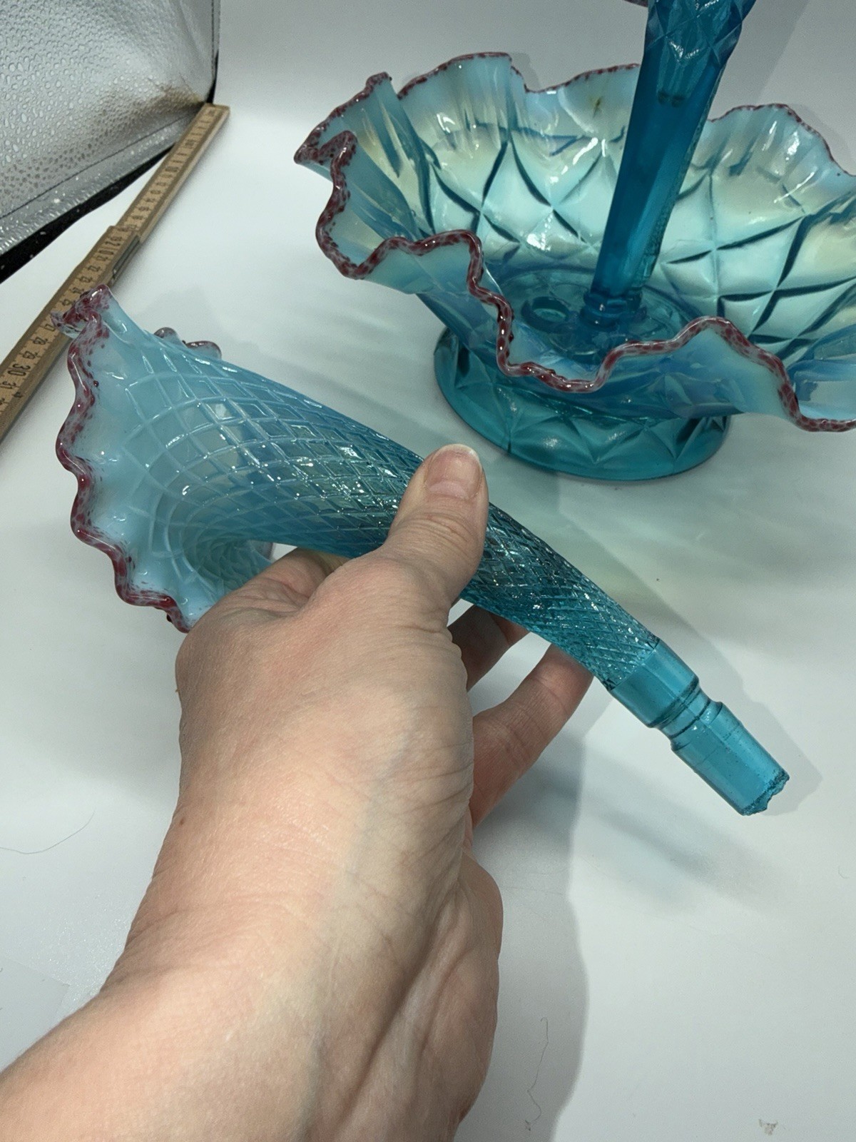 Vintage Epergne Northwood 4 Horn Opalescent Blue Red Frit Stunning READ RARE