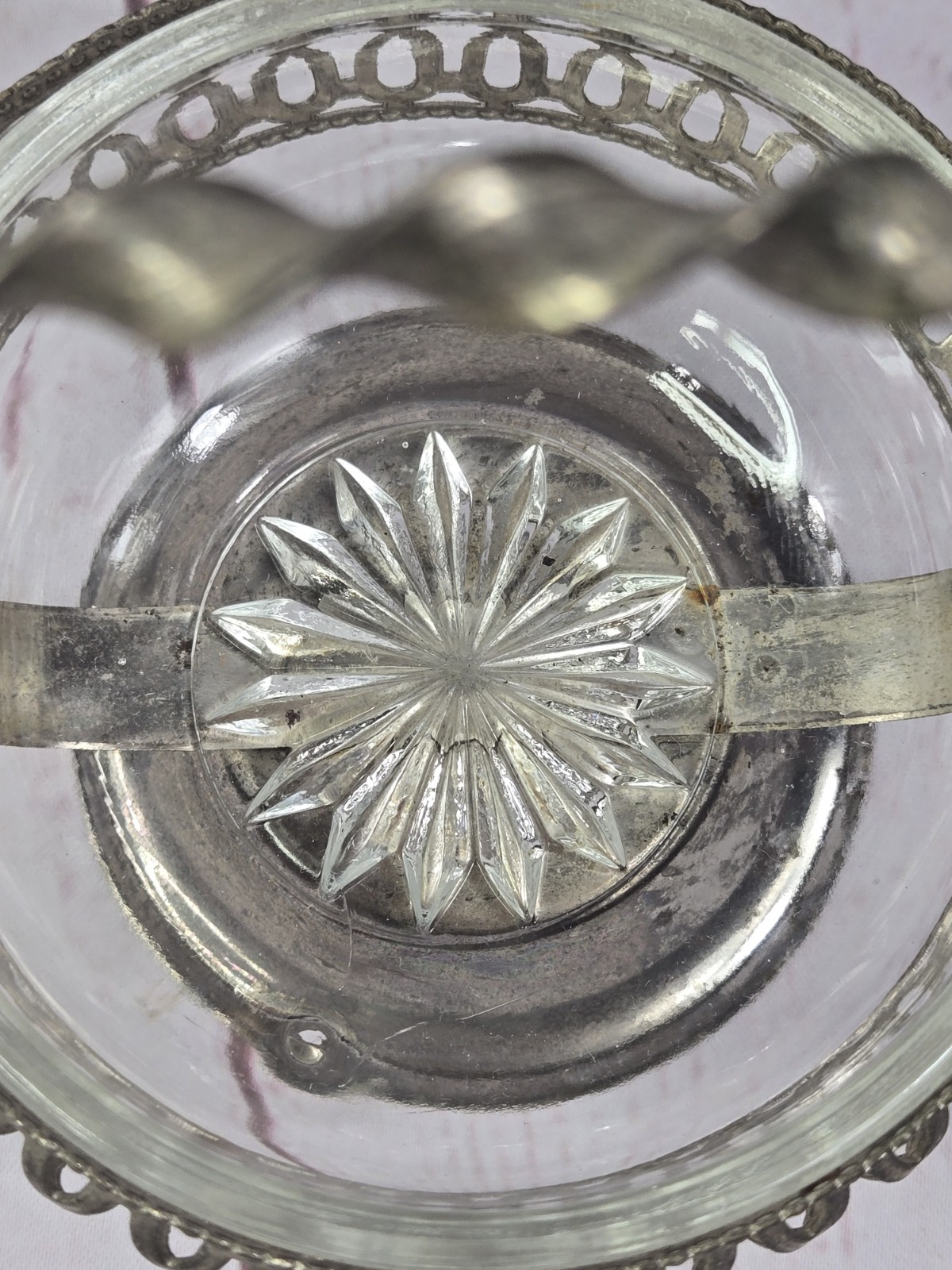 Vtg Hand Blown Candy Nut Silver Plate Glass Bowl Dish Rose Basket Twisted Handle