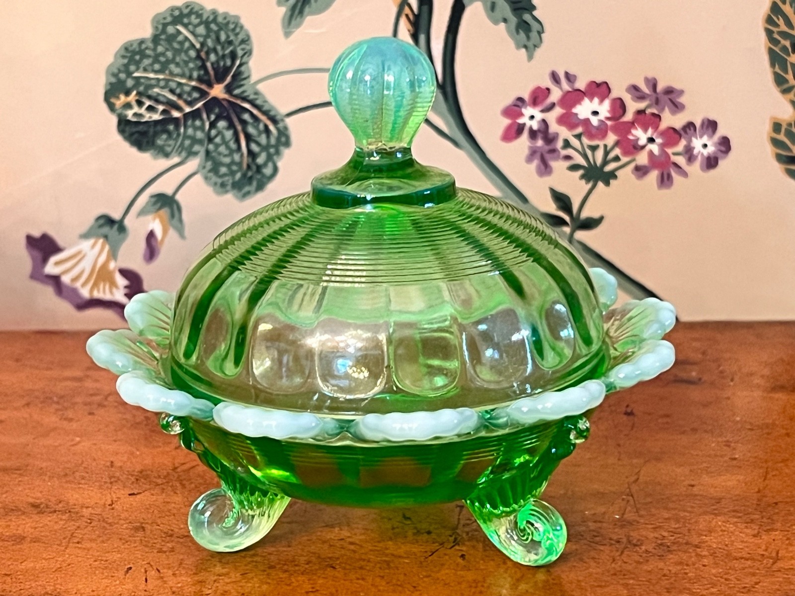 Vintage Northwood Green Opalescent Covered Butter Dish Fairy Lamp MINT!