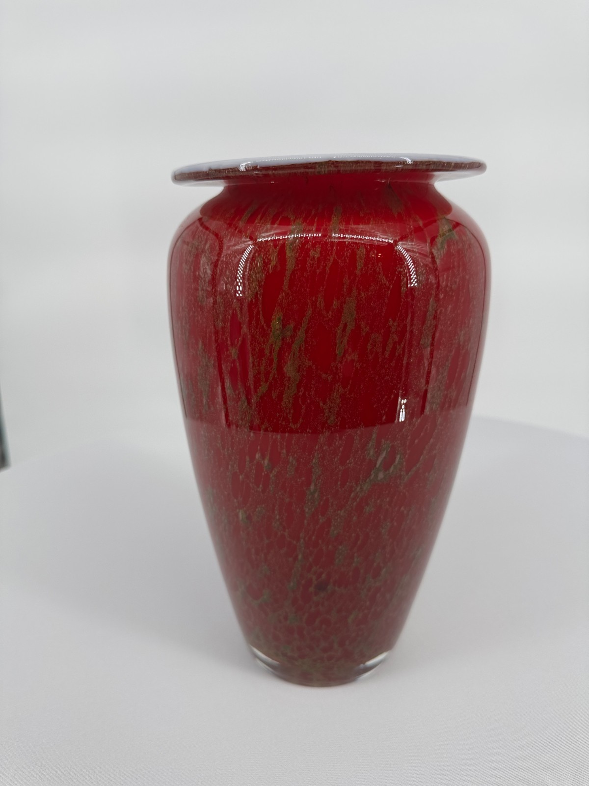 Art Glass Vase Red, Gold and Sage with White Rim 10.5″ tall Beautiful! #479