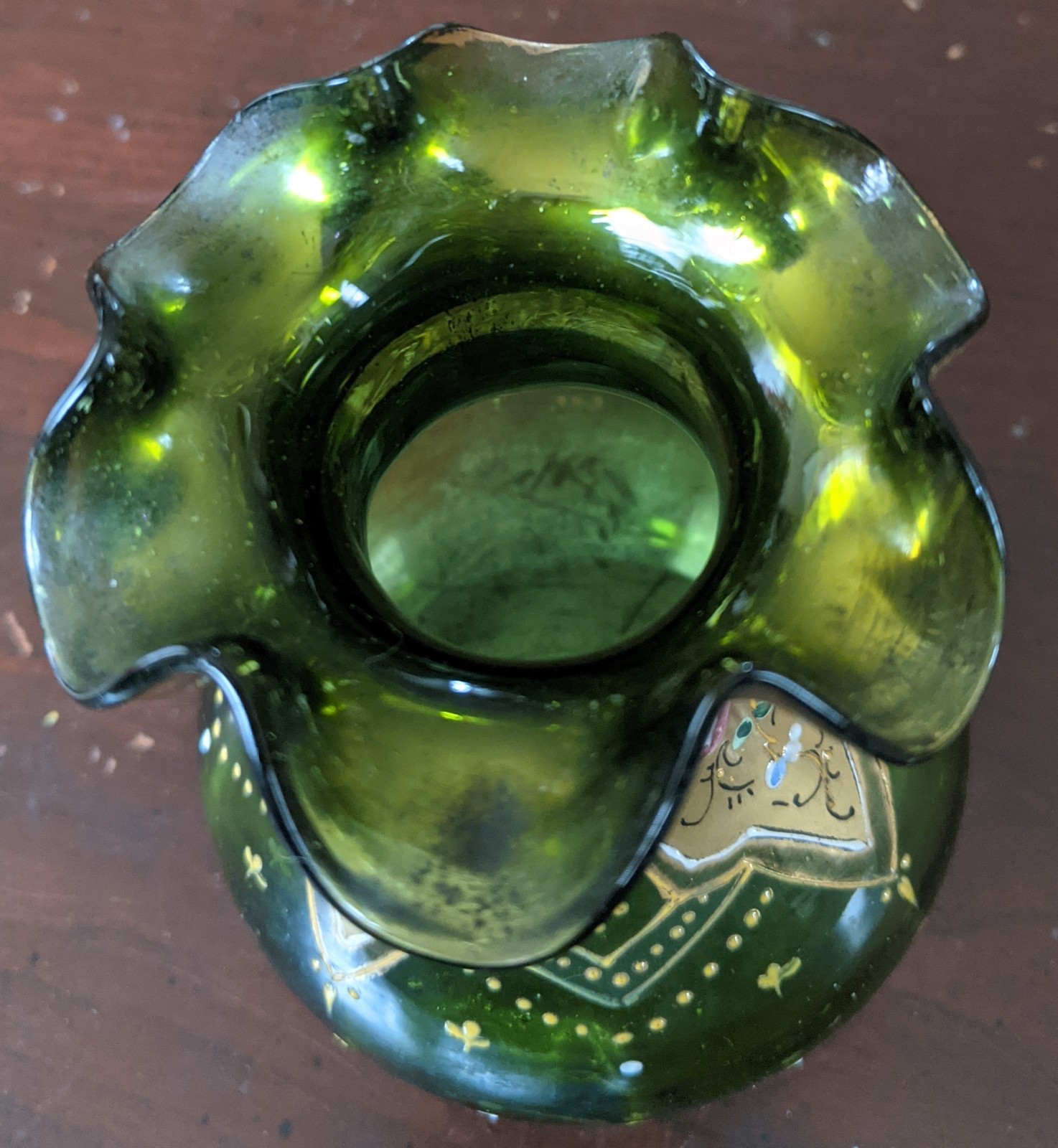 Bohemian Moser Green Glass Hand Painted Gold Gilt Enamel Floral Vase c1930