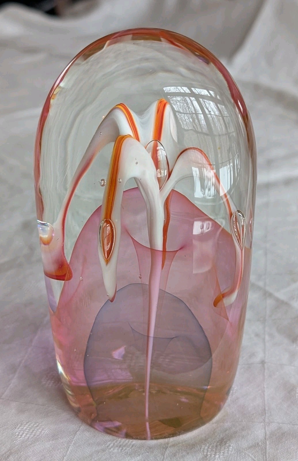 Early Ed Nesteruk Art Glass Paperweight Sculpture Pink Orange Blue Flower 5.75″T