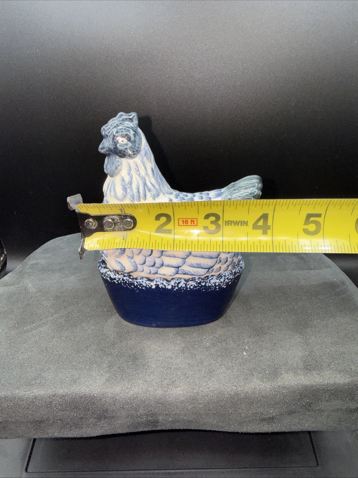 Hen on Nest Momma & Chick Ceramic Blue & White Small Trinket Dish 4in Vintage