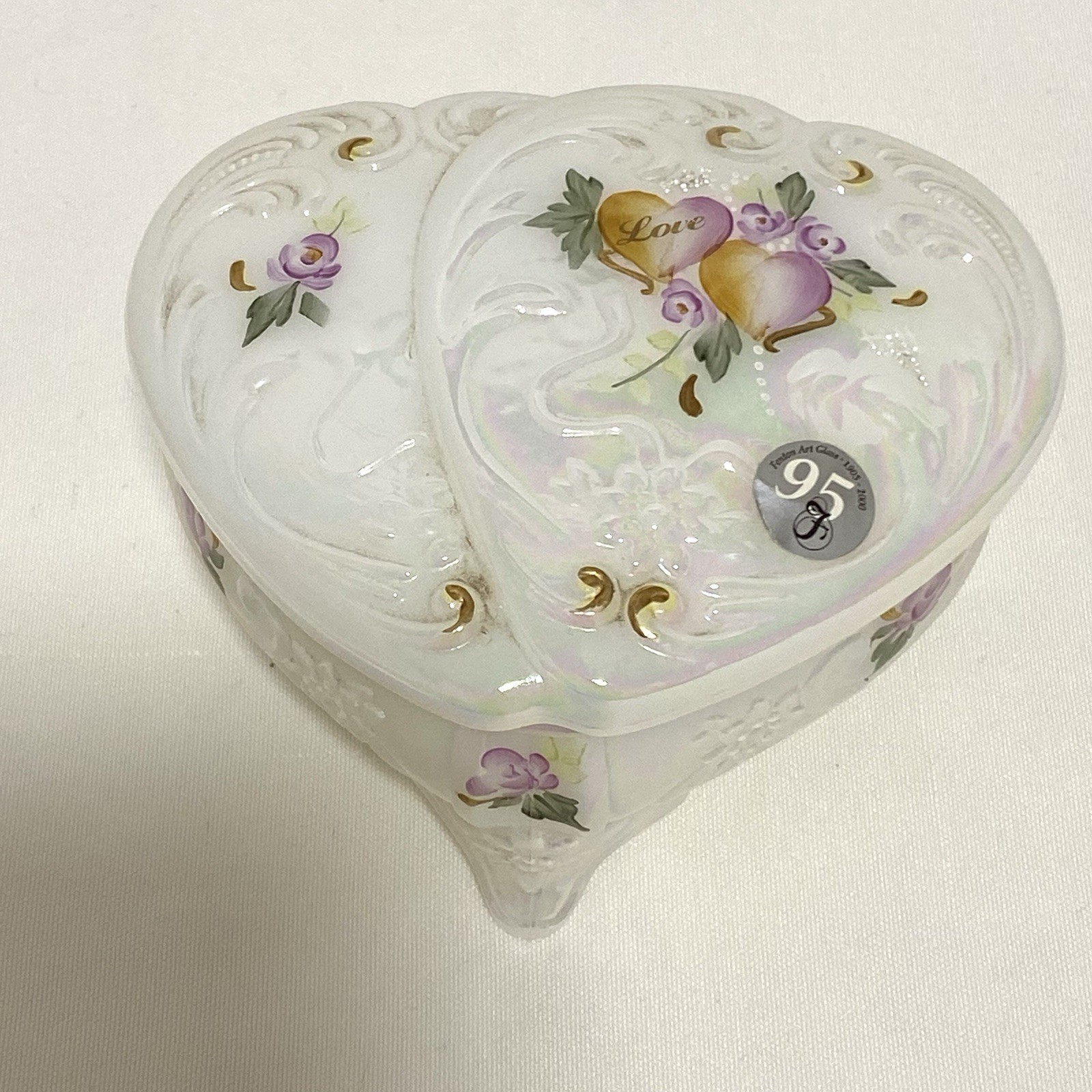 Fenton Double Heart Music/Trinket Box “LOVE” with Poem Handpainted & Signed Rare