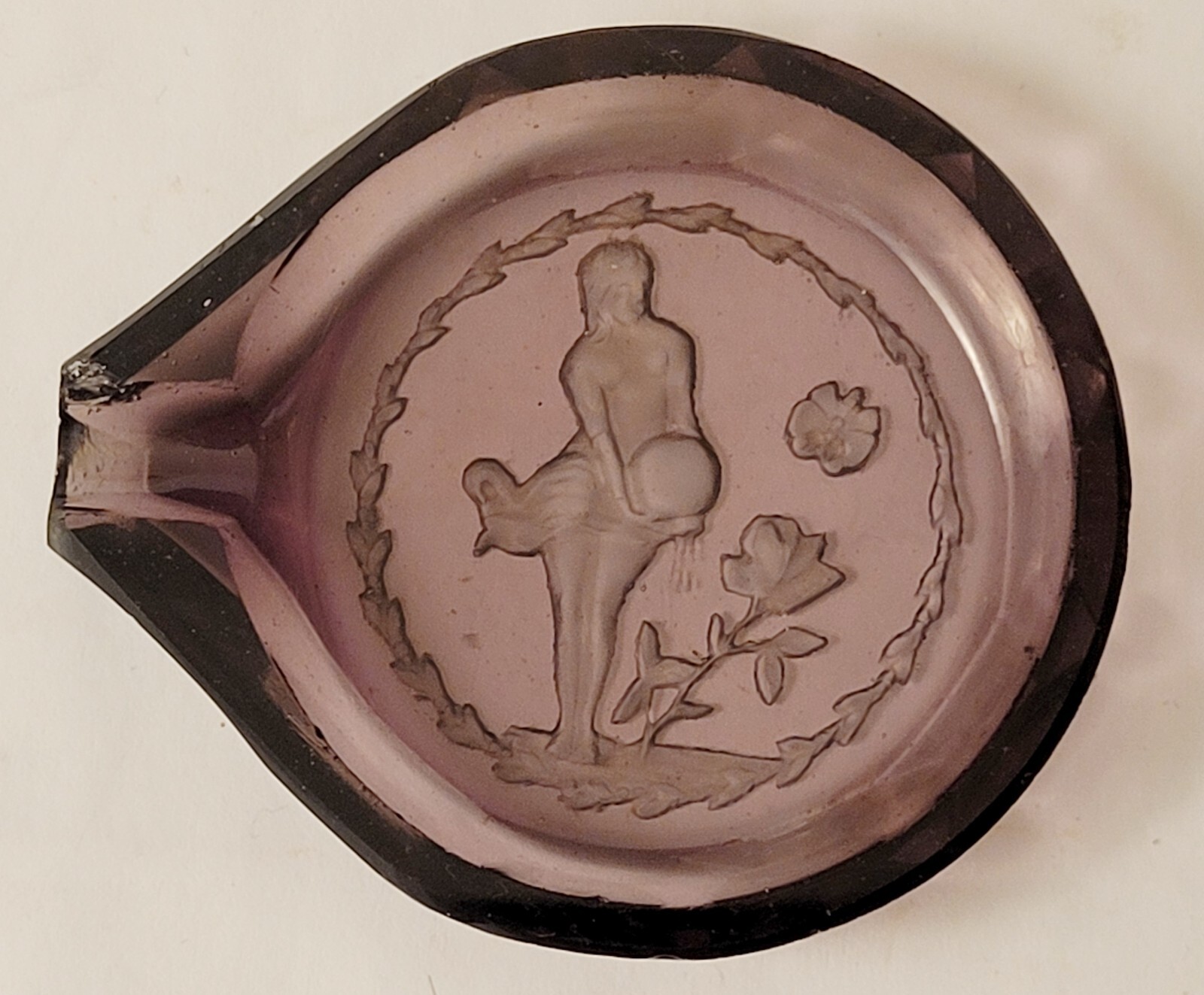 Antique Amethyst Glass Ashtray Art Nouveau Cameo Relief Frosted Glass Nude